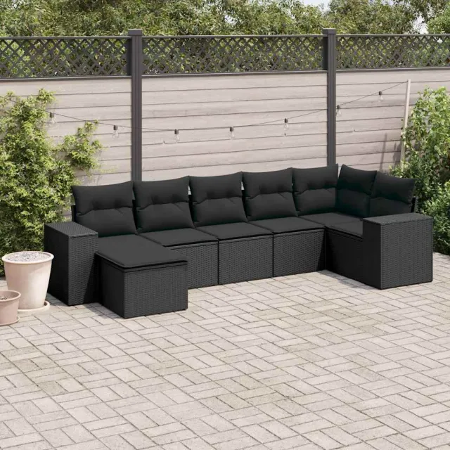 vidaXL 7-delige Loungeset met kussens poly rattan zwart, foto 2