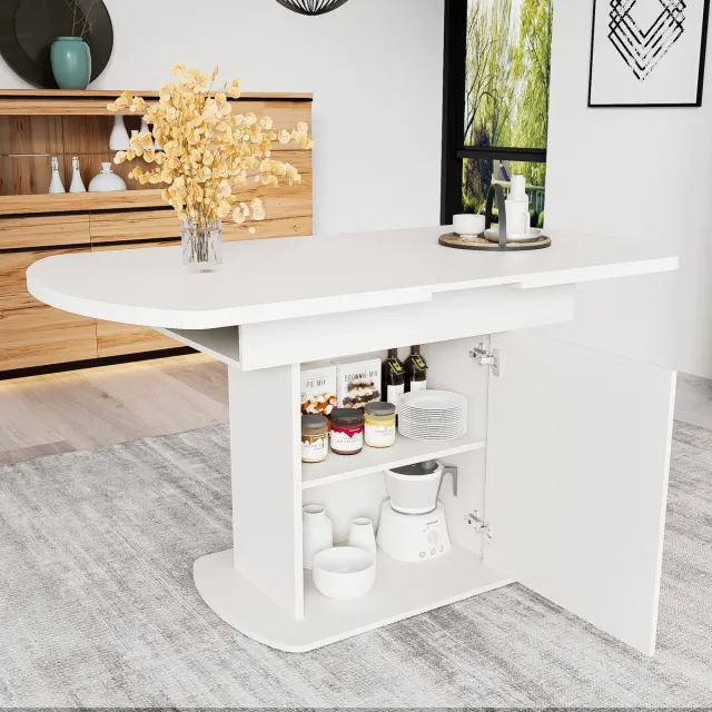 COVREO Eettafel 130x70x75 cm – wit met goudkleurige details, uitschuifbaar met opbergruimte