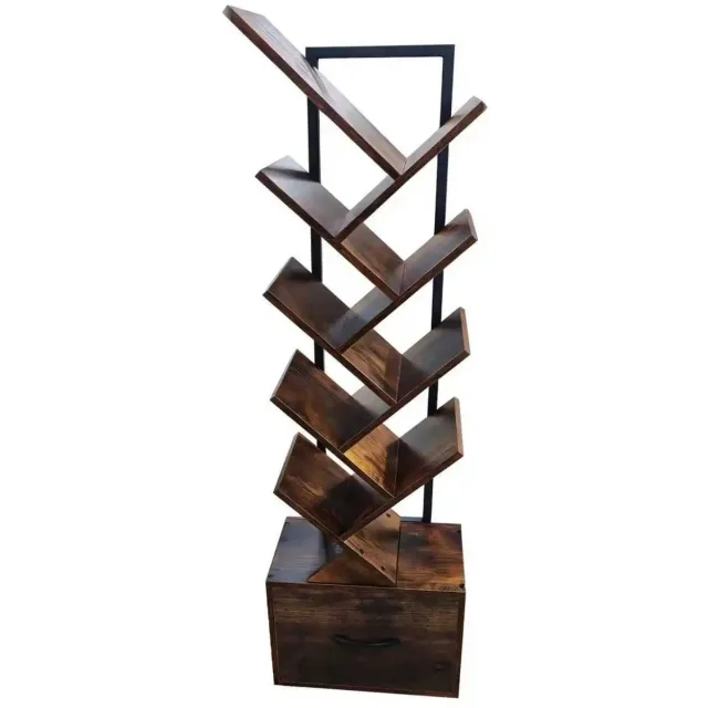 J.T.R Geometrische boekenkast op vloerstandaard, modern boerderijstijl, 133,6 cm hoog, hout MDF. Bruin