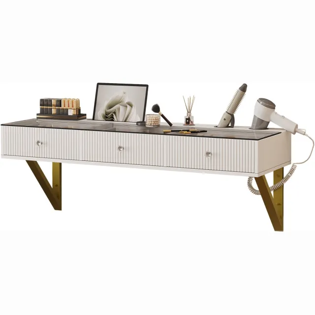 Ropilly Kaptafel - Witte Make-uptafel Met 3 Lades En Glazen Blad - Hangend Ontwerp Voor Slaapkamer - 120 x 40 x 45 cm Van MDF En Spaanplaat White