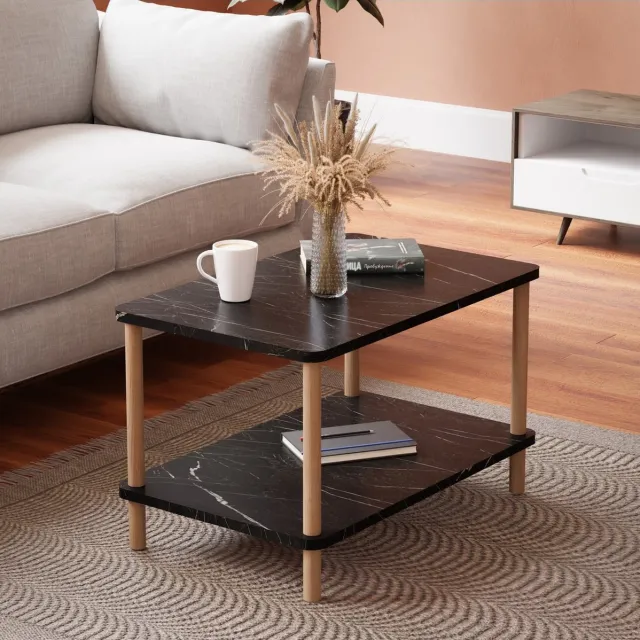 Intergas Rechthoekige Salontafel - Ovale Rand Bijzettafel - Salontafel met Houten Poten - Salontafel met Twee Niveaus - Salontafel met Krantenhouder - Zwart en Marmer - 44 x 70 cm