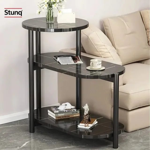 Stunq Moderne salontafel met marmerlook, 3 niveaus, ronde bovenkant Zwart