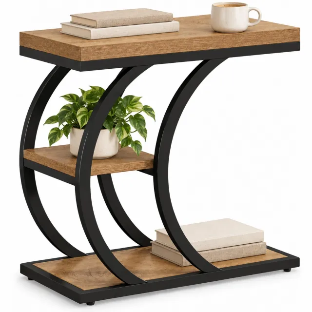 DMG Supply Bijzettafel - C-Vorm - 3 Niveaus - 60 x 30 x 58,5 cm - Naturel en Zwart - Spaanplaat en Metaal