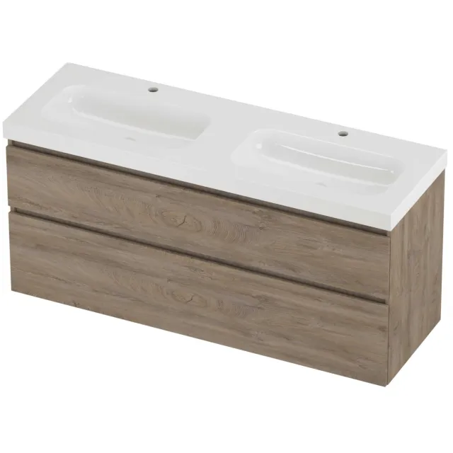 Proline Haga Badmeubelset Polystone Mezza Dubbel 140x46x66 cm Glans Wit Raw Oak Eiken
