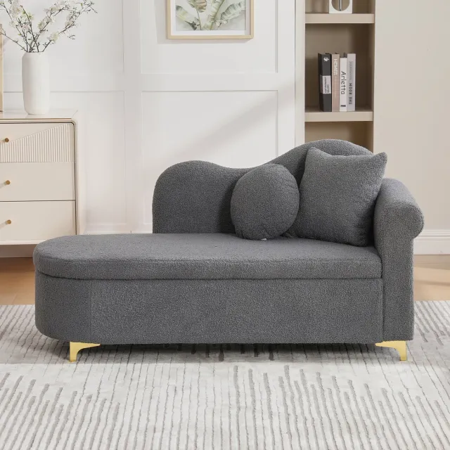 HAUSS SPOLE Chaise Longue - Relaxbank Met Opbergruimte - Loungestoel Met Kussens - Voor Woonkamer En Leeshoek - Teddypluche Antiekgrijs