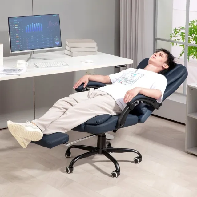 MEUNIQ massage bureaustoel 67 x 67 x 111-121 cm met 7 vibratiepunten, uitschuifbare voetsteun, verstelbare rugleuning 90-155°, 360° draaibaar en wielen, blauw