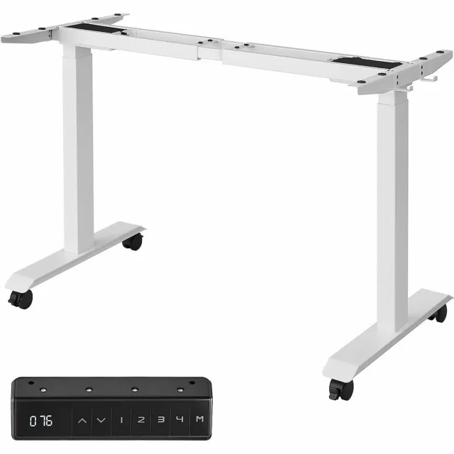 Hoppa! Verstelbaar zit-sta bureau elektrisch, zonder blad, 72-120 cm traploos verstelbaar, gesplitste plaat, geheugenfunctie met 4 hoogtes, oprijbeveiliging, wit frame