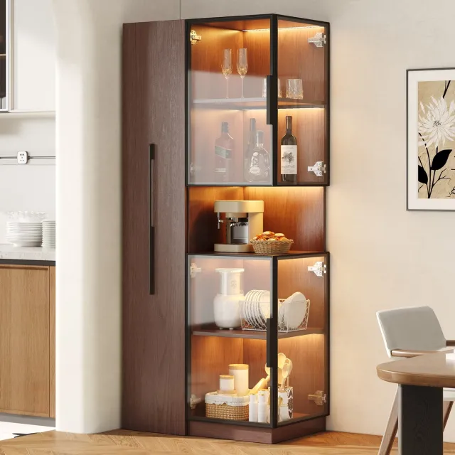 OKWISH Vitrinekast – LED En Uittrekbare Zijrekken – Woonkamer Eetkamer – MDF Glas Walnootbruin – 70x38x160 cm