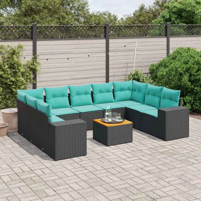 vidaXL 10-delige tuinbankset met kussens van zwart polyrotan, foto 2