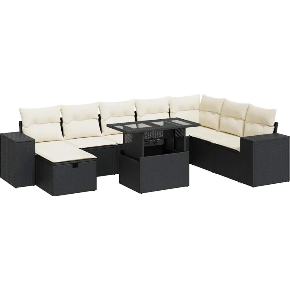 vidaXL 9-delige Loungeset met kussens poly rattan zwart, foto 3