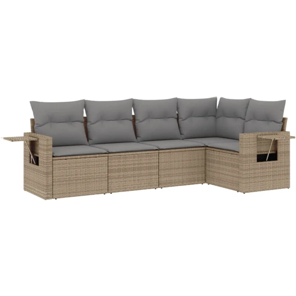 vidaXL 5-delige Loungeset met kussens poly rattan beige, foto 3