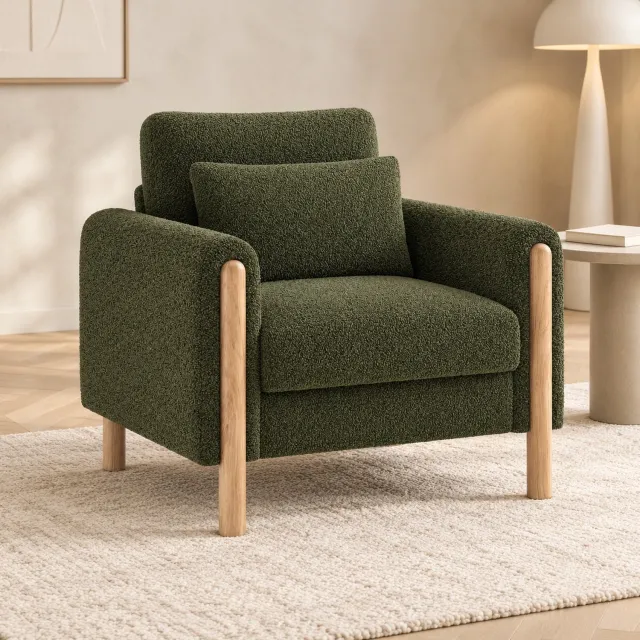 Maisentiel Groene bouclé fauteuil met armleuningen en houten poten - 87 x 83 x 88,5 cm