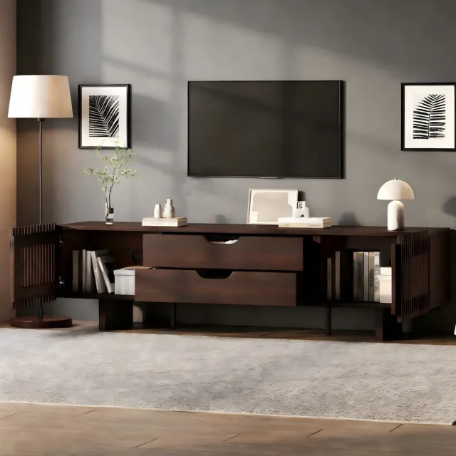 COVREO TV-meubel met 2 lades – Lowboard met lamellendeuren – Woonkamermeubel voor scherm tot 75 inch – 180x40x45 cm – Walnootkleur