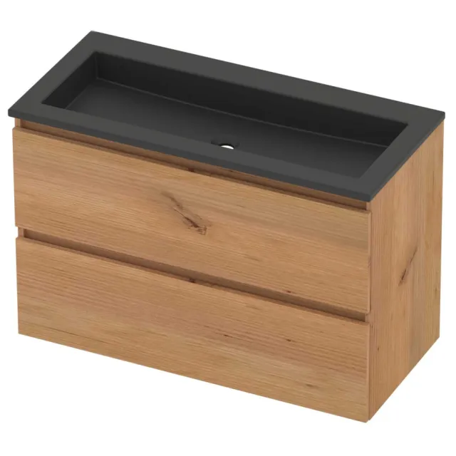 Basic-Line Aura 46 Badmeubelset Acryl Zonder Kraangat Greeploos 100x46x62 cm Whisky Oak Mat Zwart