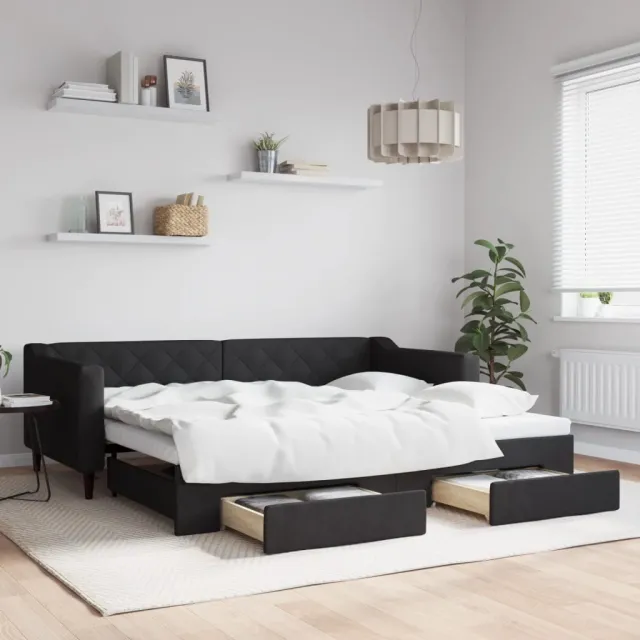 vidaXL Slaapbank met onderschuifbed en lades 90x200 cm stof zwart