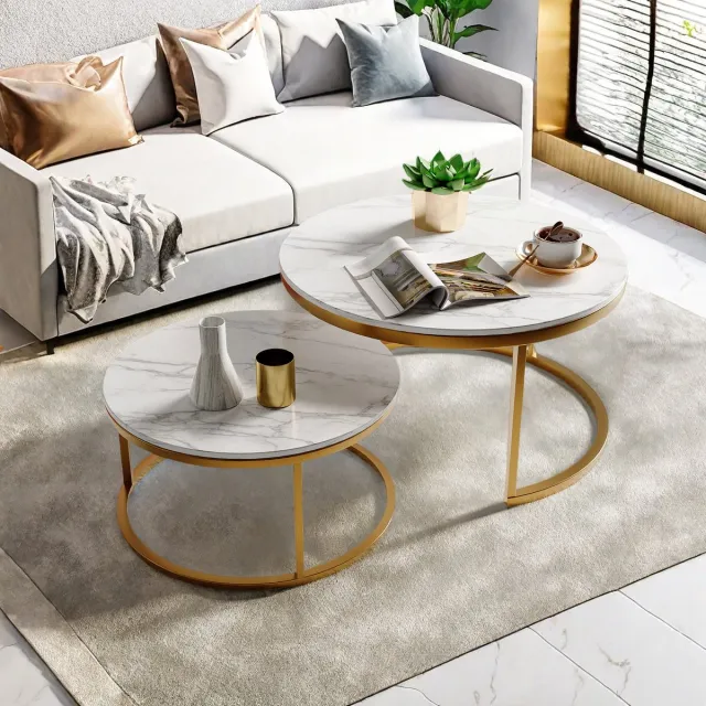 ROSAHQNDA Set van 2 moderne ronde salontafels, stapelbaar, eigentijds meubel voor de woonkamer, wit blad, goud of zwart frame, grote tafel 80 x 80 x 45 cm, kleine tafel 60 x 60 x 33 cm Gouden lijst