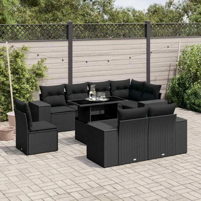 vidaXL 9-delige Loungeset met kussens poly rattan zwart, foto 2