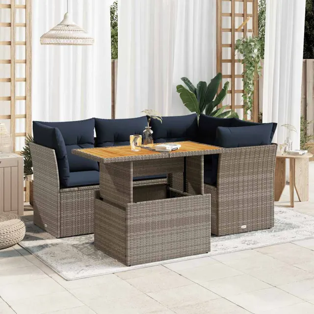 vidaXL 5-delige Loungeset met kussens poly rattan grijs, foto 2