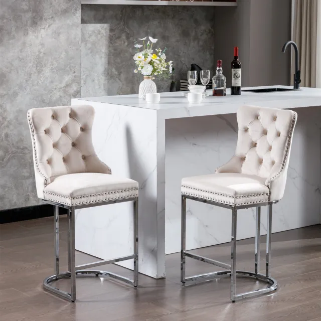 REDOM Set van 2 barkrukken - Zithoogte 63,5 cm - Fluwelen bekleding en voetensteun - Beige