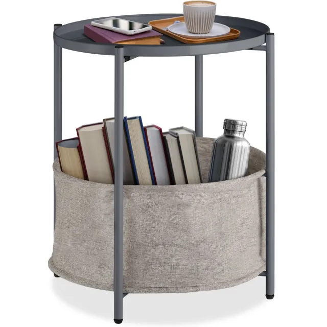 Tectake Bijzettafel Canterbury - Rond - Ø 45,5 x 53cm - 2 Niveaus - Kleine Salontafel met Afneembaar Dienblad en Grote Stoffen Mand - In Hoogte Verstelbaar - Draagkracht 30kg - Tafeltje voor Woonkamer en Slaapkamer - Donkergrijs