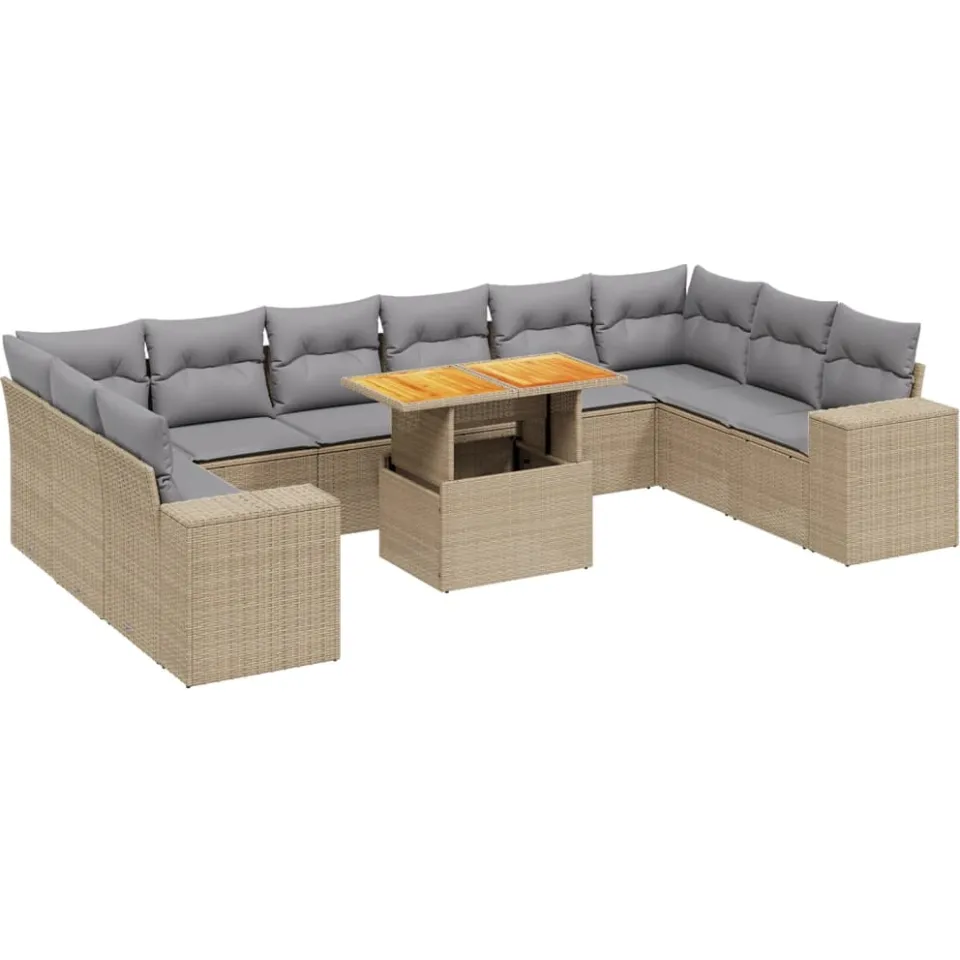 vidaXL 11-delige Tuinset met kussens poly rattan beige, foto 3