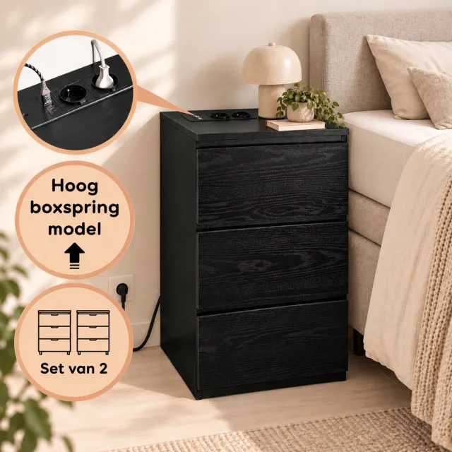 Casamoda Extra Hoge Nachtkastjes set van 2 voor Boxspring - H70 x B40 x D35 cm - 3 Lades - Stopcontact met 1x USB-C en 1x USB-A - Draagkracht 45 kg - Moderne Bijzettafel - Zwart