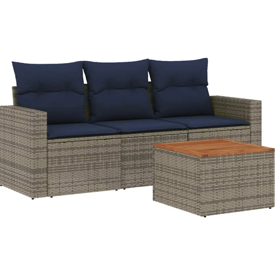 vidaXL 4-delige Loungeset met kussens poly rattan grijs, foto 3