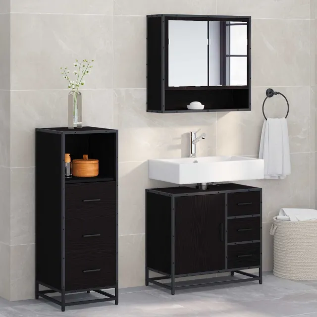 vidaXL Badkamermeubelset 3 st Zwart Eiken 65 x 33 x 60 cm Bewerkt hout, foto 2