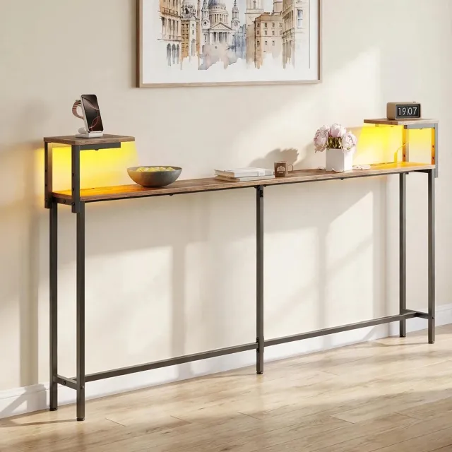 J.T.R Smalle Consoletafel 180 cm - Sidetable Achter Bank met Stopcontact, 2x USB & Type-C, LED Verlichting en Opbergplank - Houtlook Bruin