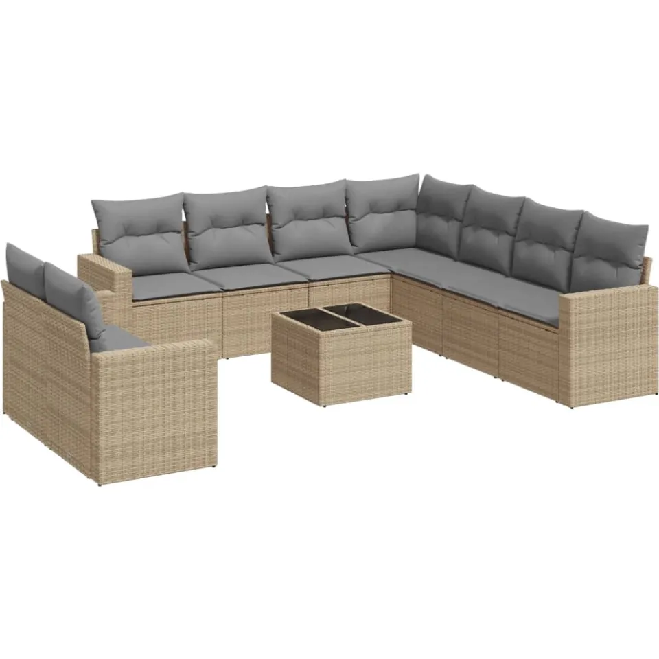 vidaXL 10-delige Loungeset met kussens poly rattan beige