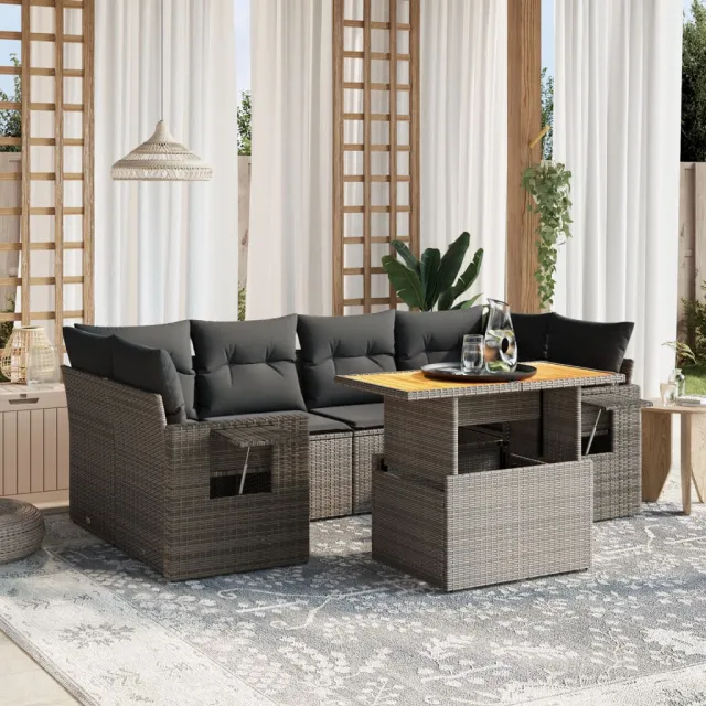 vidaXL 7-delige Loungeset met kussens poly rattan grijs, foto 2