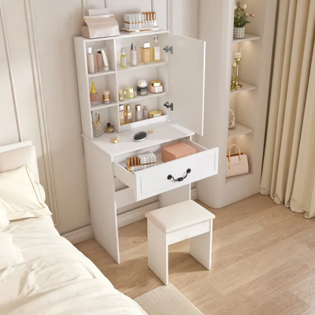 DESMIU Kaptafel – Dimbare LED-Spiegel Met 3 Lichtstanden – 60 x 36 x 131,5 cm – MDF – Wit – Make-up Met Opbergruimte, Lade En Hocker
