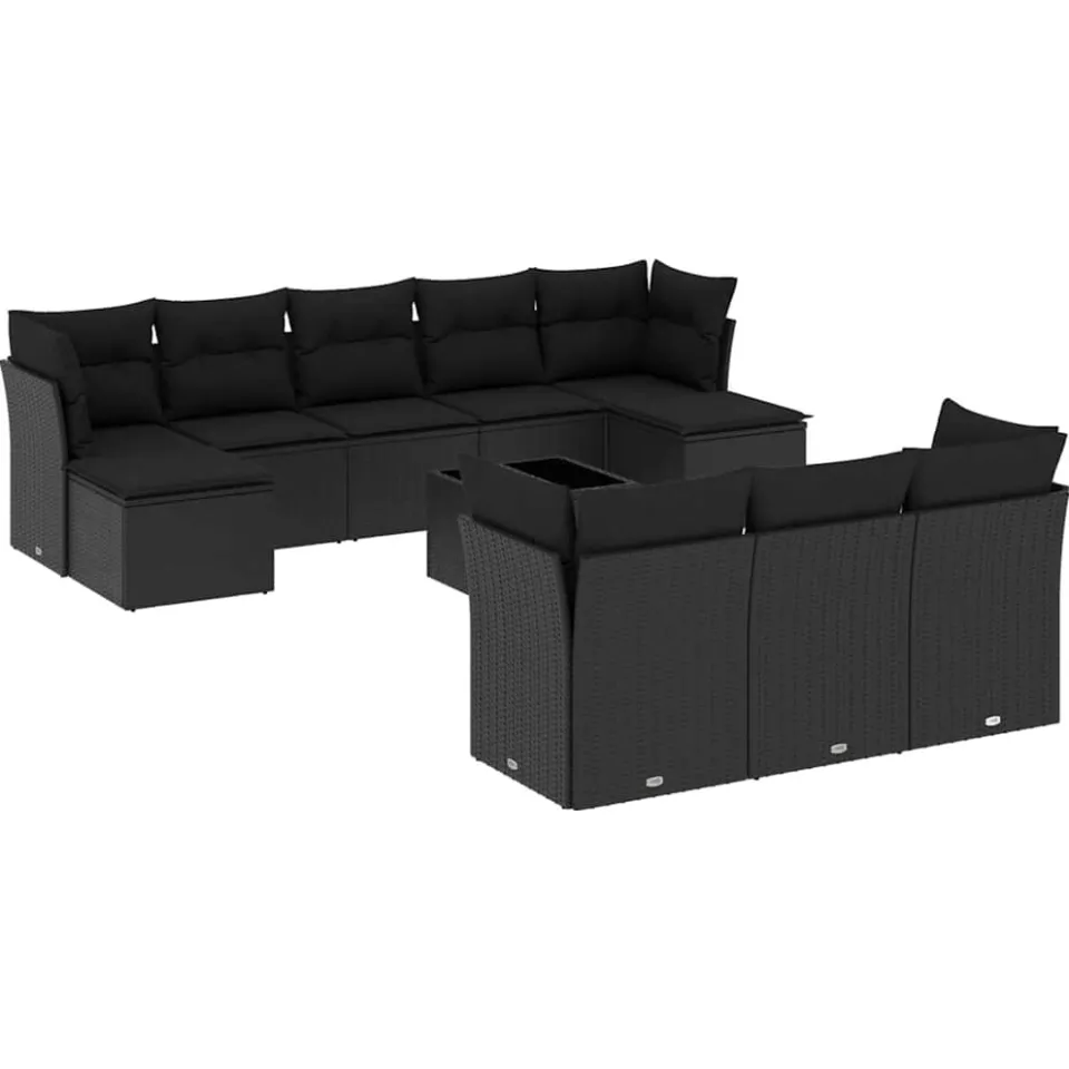 vidaXL 11-delige Loungeset met kussens poly rattan zwart, foto 3