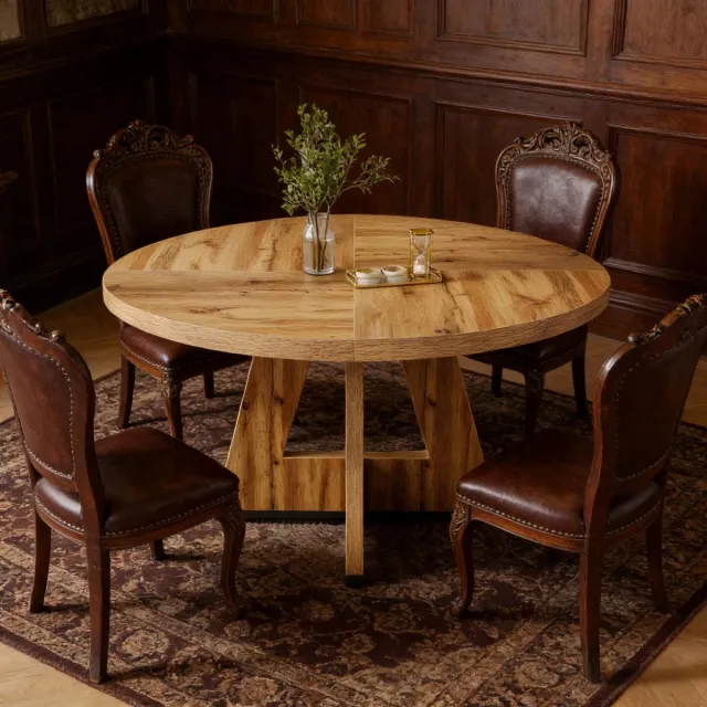 Wishdor Ronde eettafel - Landelijk ontwerp - Houten look - Naturel - 120 cm - Voor 4 personen - Zonder stoelen - Bewerkt hout - Inclusief montageonderdelen