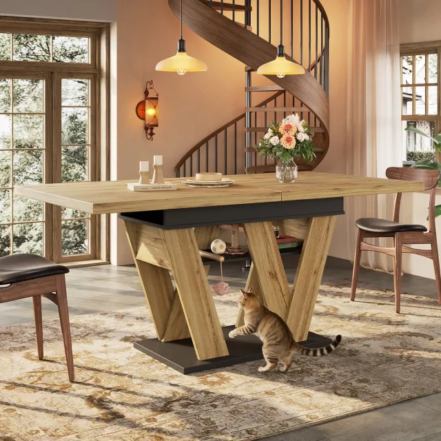MIVRAY Eettafel - Uitschuifbaar Met Opbergvak - Voor Keuken En Woonkamer - MDF - Zwart Naturel - 119-158,5x80x75 Cm Natuurlijk