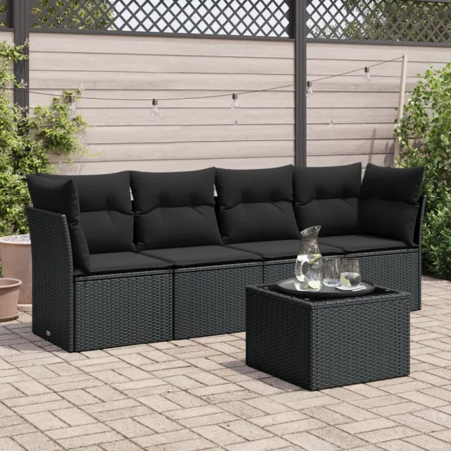 vidaXL 5-delige Loungeset met kussens poly rattan zwart, foto 2