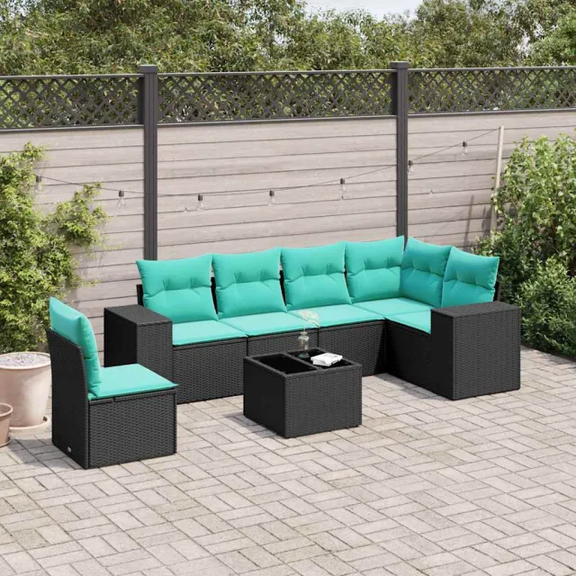 vidaXL 7-delige tuinbankset met kussens van zwart polyrotan, foto 2