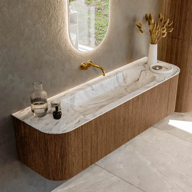 Mondiaz KURVE-DLUX 160 cm Onderkast Greeploos 1 Lade Met Deuren Walnut, Wastafel Solid Surface Midden Glace 0 Kraangaten Zonder Spiegel (KRVBGM160L+R1L2D0KM-Wal/Gla)