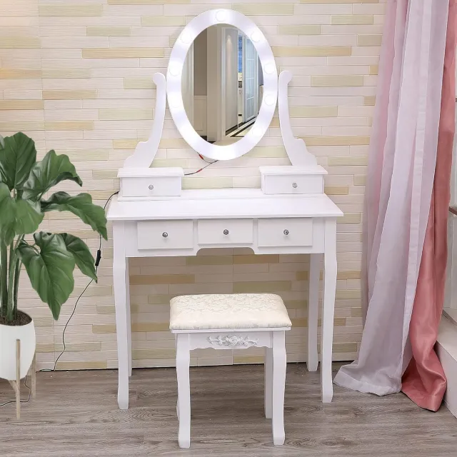 HOERFURIY Coiffeuse met Spiegel en Verstelbare LED‑verlichting - Kaptafel met 5 Lades en Krukje, 2‑in‑1 Make‑uptafel/Bureau Wit