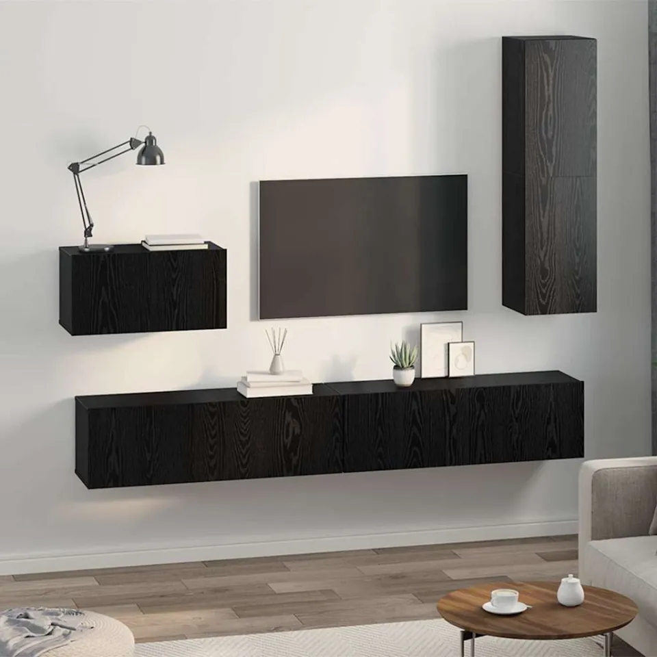 vidaXL Wand TV Kast 4 st Zwart Eiken Bewerkt hout, foto 4