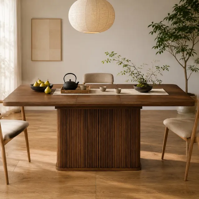 HAUSS SPOLE Uitschuifbare Eettafel Met Verborgen Opbergruimte - Moderne Tafel Voor Eetkamer - Donkerbruine Houtlook - MDF En Metaal - 140-180 x 80 x 76,5 cm