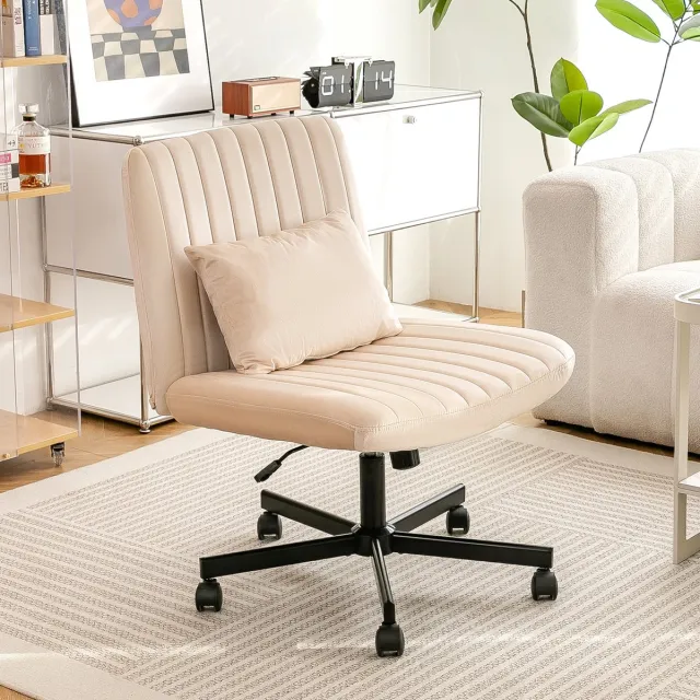 MEUNIQ Beige stoffen bureaustoel met verstelbare zithoogte, kantelbare rugleuning, 360 graden draaifunctie, stille wielen en los kussen voor werkkamer