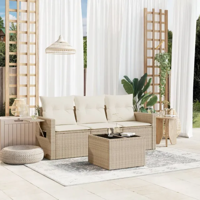 vidaXL 4-delige Loungeset met kussens poly rattan beige, foto 2