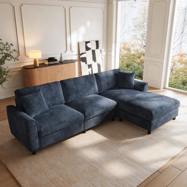 STILVORA Hoekbank 3-Zits Omkeerbaar Met Brede Chaise Longue En Zachte Chenille Voor Woonkamer 256 x 137 x 79 Cm Hout Blauw Blue