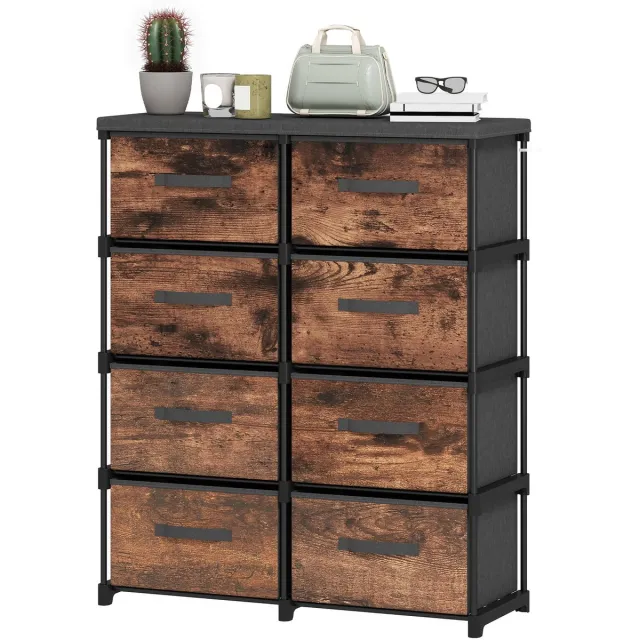 ECTEATOY Ladekast - met 8 Laden - Stoffen Commode met Metalen Frame - Industrieel Dressoir voor Slaapkamer - 84,5x30,5x100 cm - Bruin
