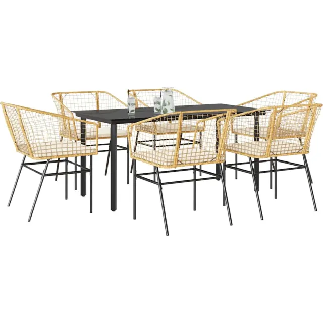 vidaXL 7-delige Tuinset met kussens poly rattan glas bruin