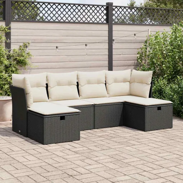 vidaXL 6-delige Loungeset met kussens poly rattan zwart