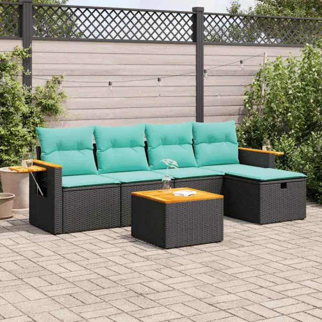 vidaXL 6-delige Loungeset met kussens poly rattan zwart, foto 2