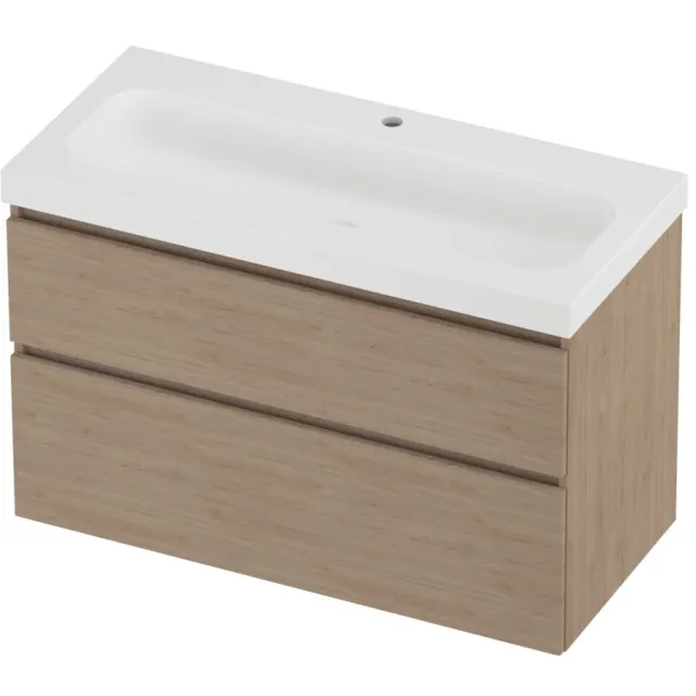 Proline Haga Badmeubelset Polystone Mezza 1 Kraangat Asymmetrisch 100x46x66 cm Mat White Ideal Oak Eiken