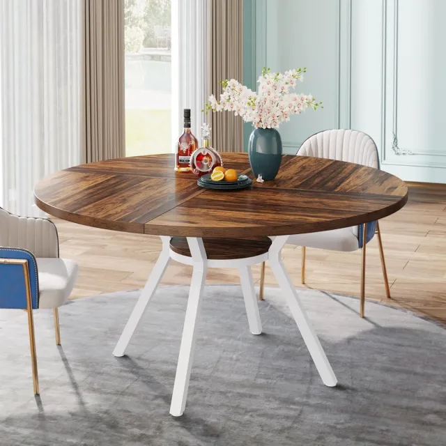 Tribesigns Ronde Eettafel - Keukentafel met Opbergvak - 120 X 120 X 75 cm - Eetkamertafel Voor 4 Personen - met Metalen Onderstel - Industrieel Design - Rustiek Brown